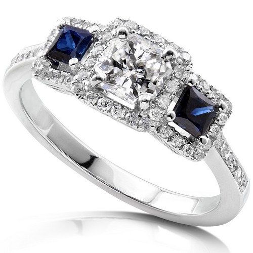 Diamond and Blue Saphire Engagement Ring 14K White Gold