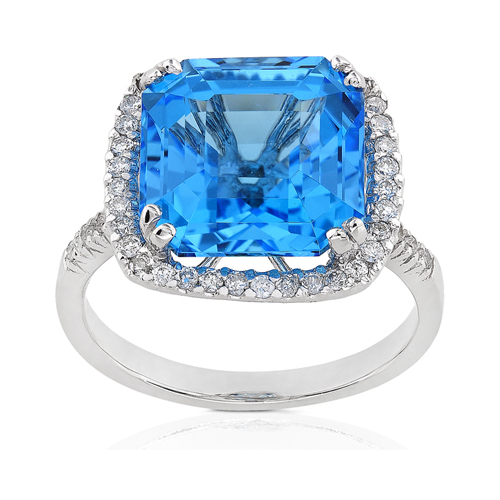 Diamond and Blue Topaz Ring set in 14k White Gold