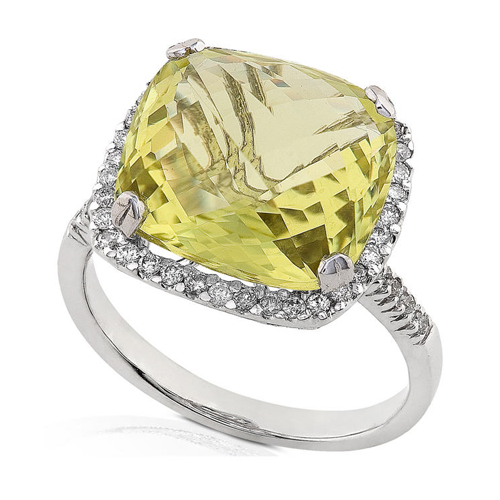 Diamond and Lemon Quartz Ring set in 14k White Gold