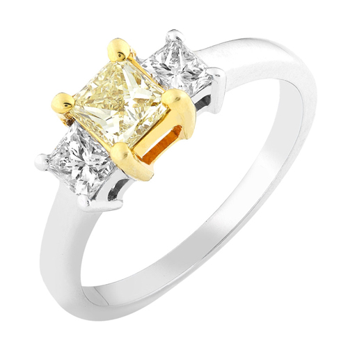 3 Stones Diamond Ring W/Fancy Yellow Center in 14k Gold