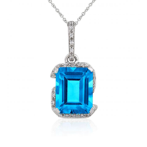 Diamond and Blue Topaz Pendant in 14k White Gold