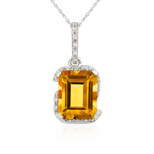 Diamond and Citrine Pendant in 14k White Gold